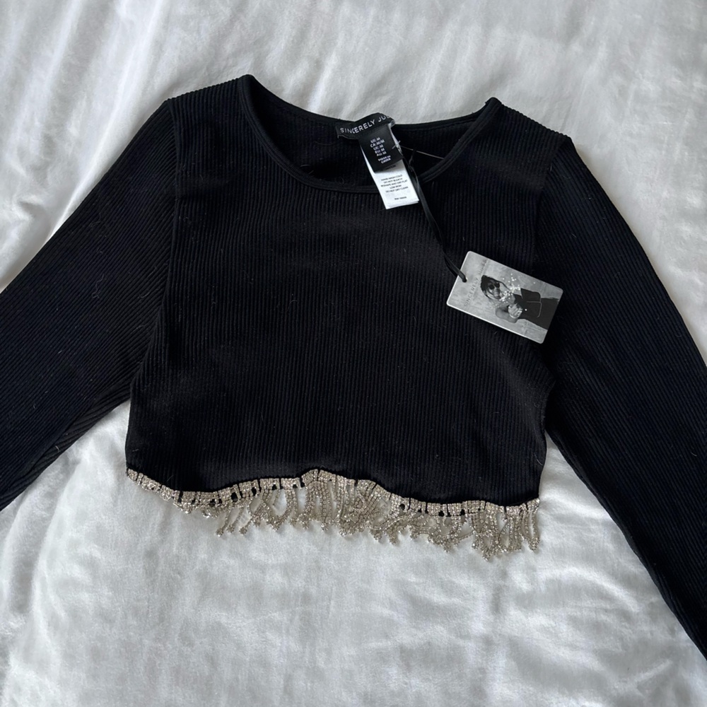 Sincerely Jules Black Crop Top with Silver Fringe